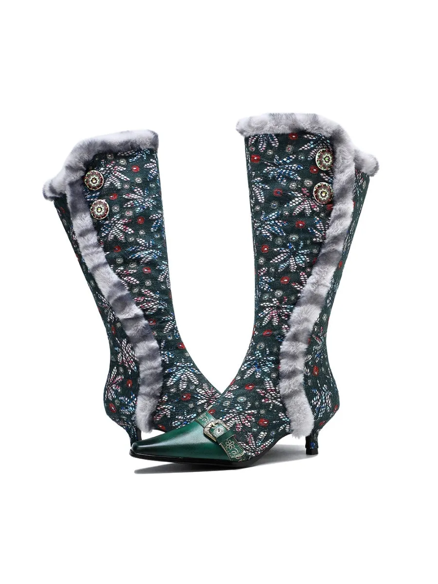 Genuine Leather Elegant Fur Trim Button Side Knee-High Boots