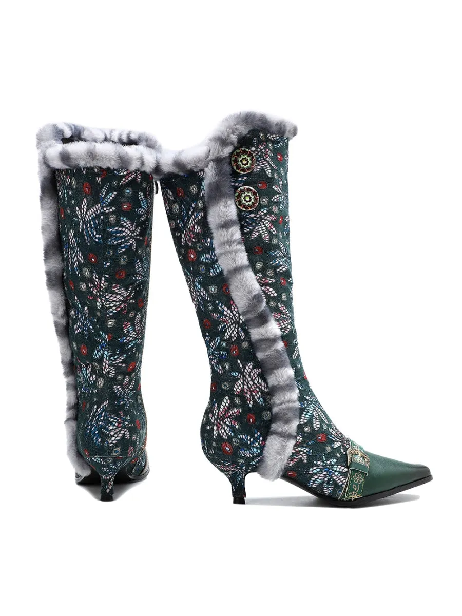 Genuine Leather Elegant Fur Trim Button Side Knee-High Boots