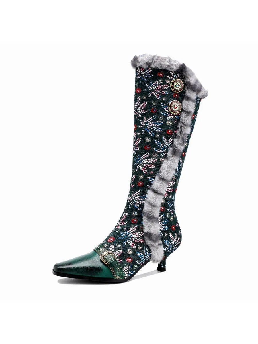 Genuine Leather Elegant Fur Trim Button Side Knee-High Boots