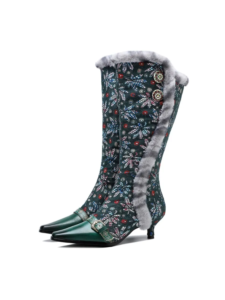 Genuine Leather Elegant Fur Trim Button Side Knee-High Boots
