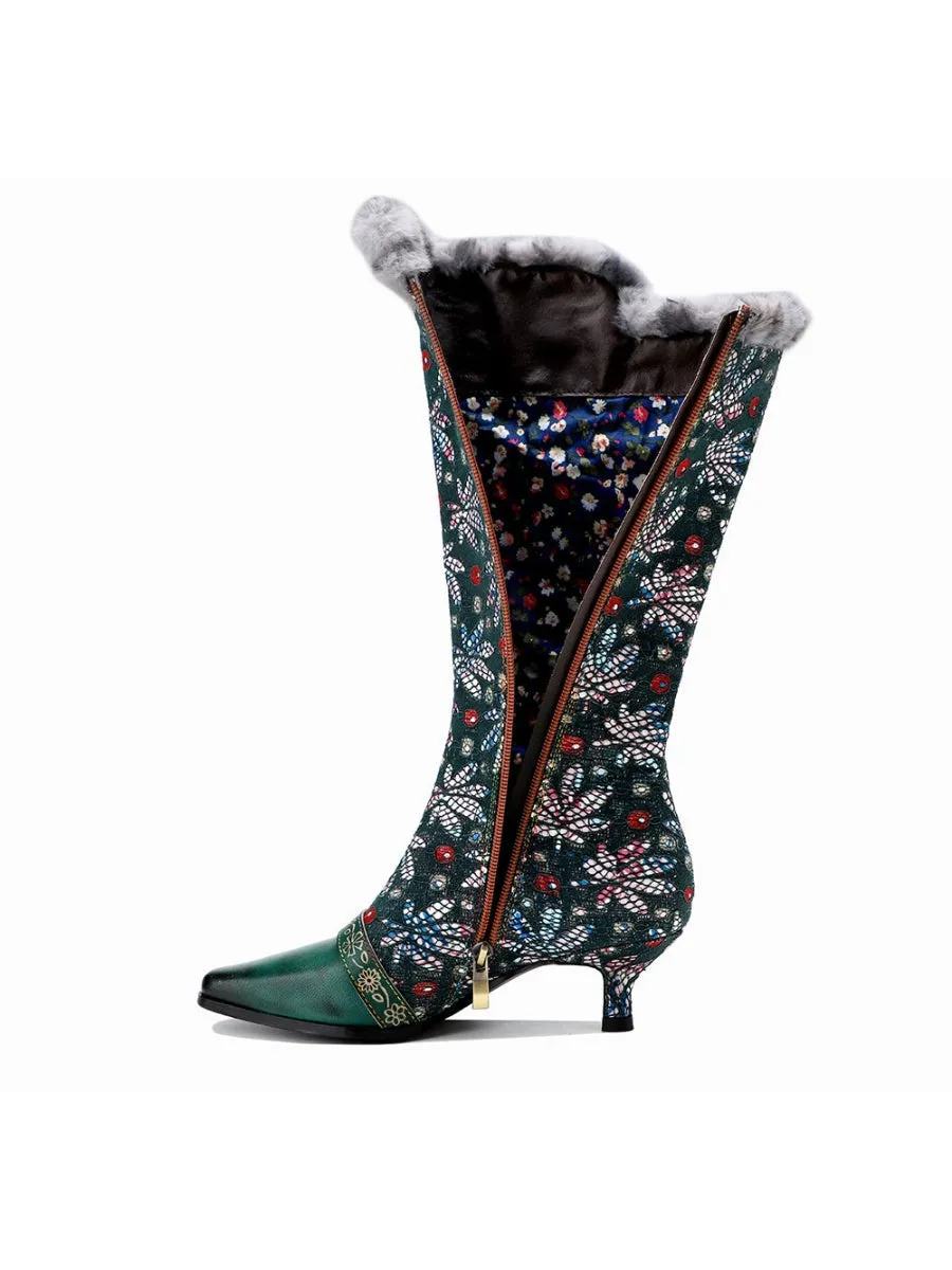 Genuine Leather Elegant Fur Trim Button Side Knee-High Boots