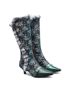 Genuine Leather Elegant Fur Trim Button Side Knee-High Boots