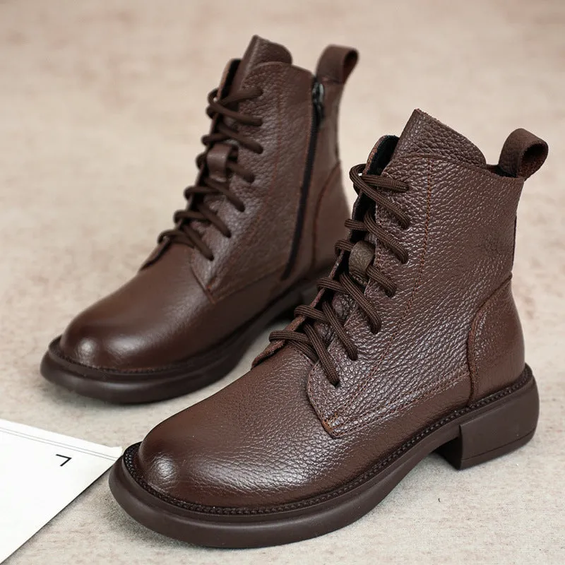 Genuine Leather Martin Boots Women's Round Toe Lace-up Soft Sole Soft Surface Shoes
