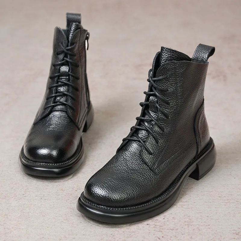 Genuine Leather Martin Boots Women's Round Toe Lace-up Soft Sole Soft Surface Shoes