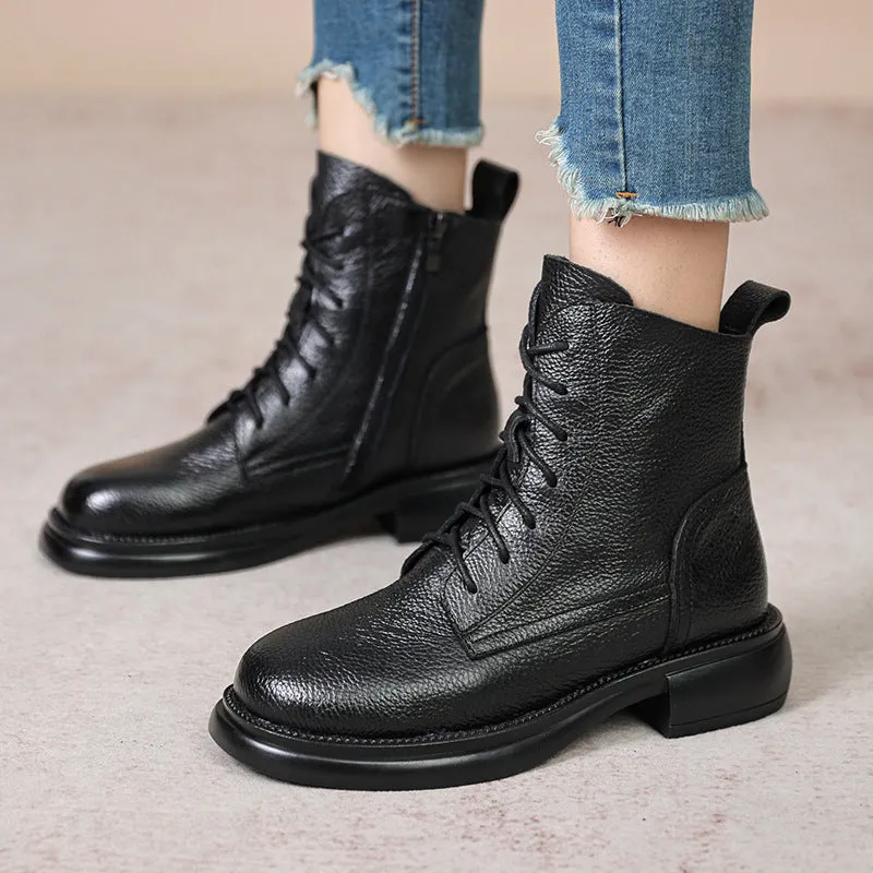 Genuine Leather Martin Boots Women's Round Toe Lace-up Soft Sole Soft Surface Shoes