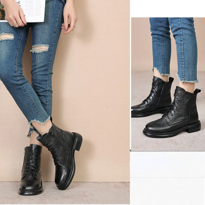 Genuine Leather Martin Boots Women's Round Toe Lace-up Soft Sole Soft Surface Shoes