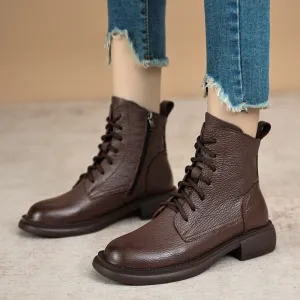 Genuine Leather Martin Boots Women's Round Toe Lace-up Soft Sole Soft Surface Shoes
