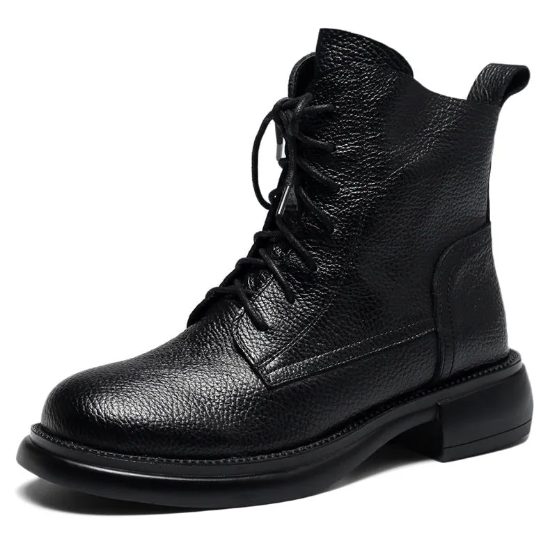 Genuine Leather Martin Boots Women's Round Toe Lace-up Soft Sole Soft Surface Shoes