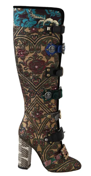 Gold Green Jacquard Crystal Boots
