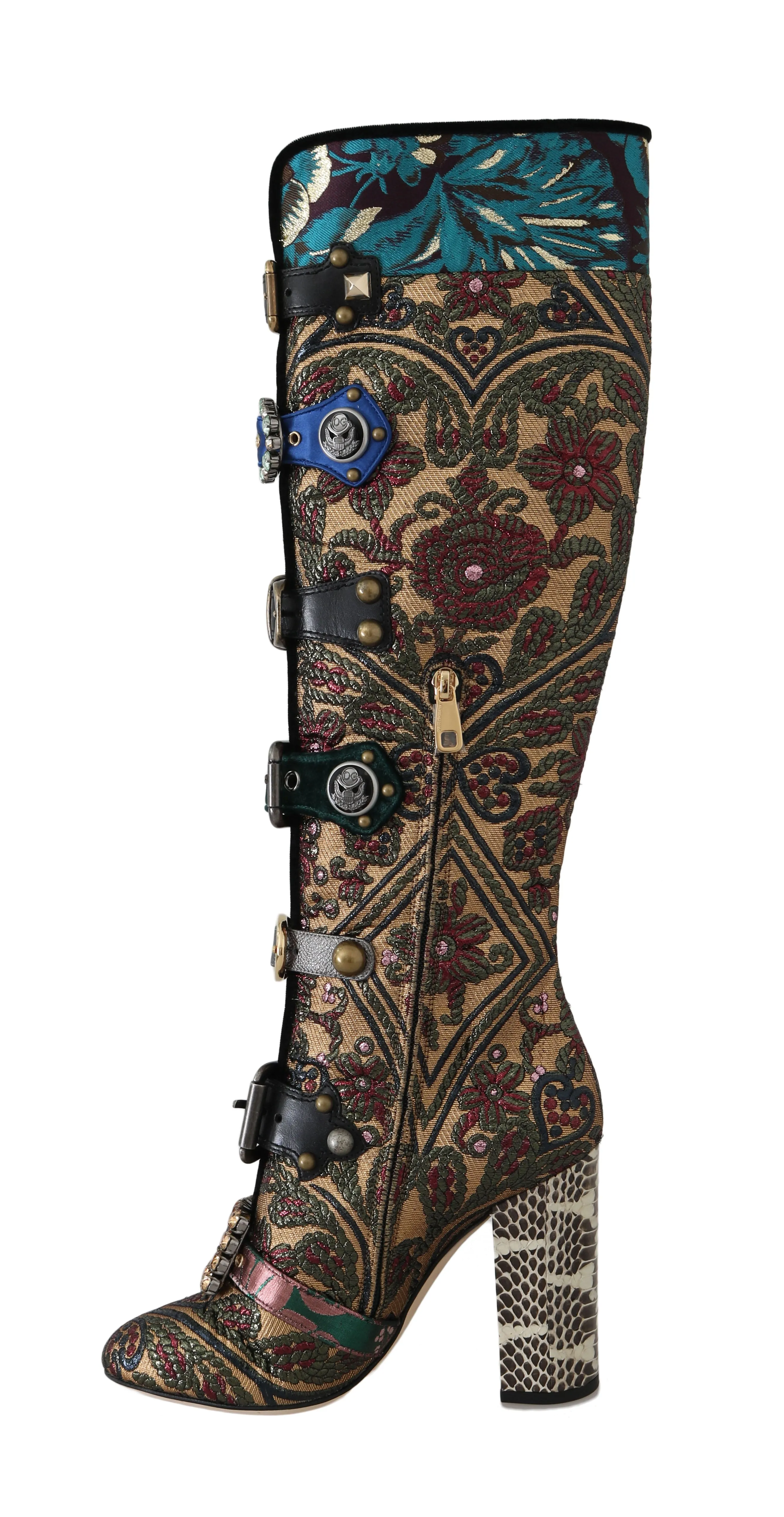 Gold Green Jacquard Crystal Boots