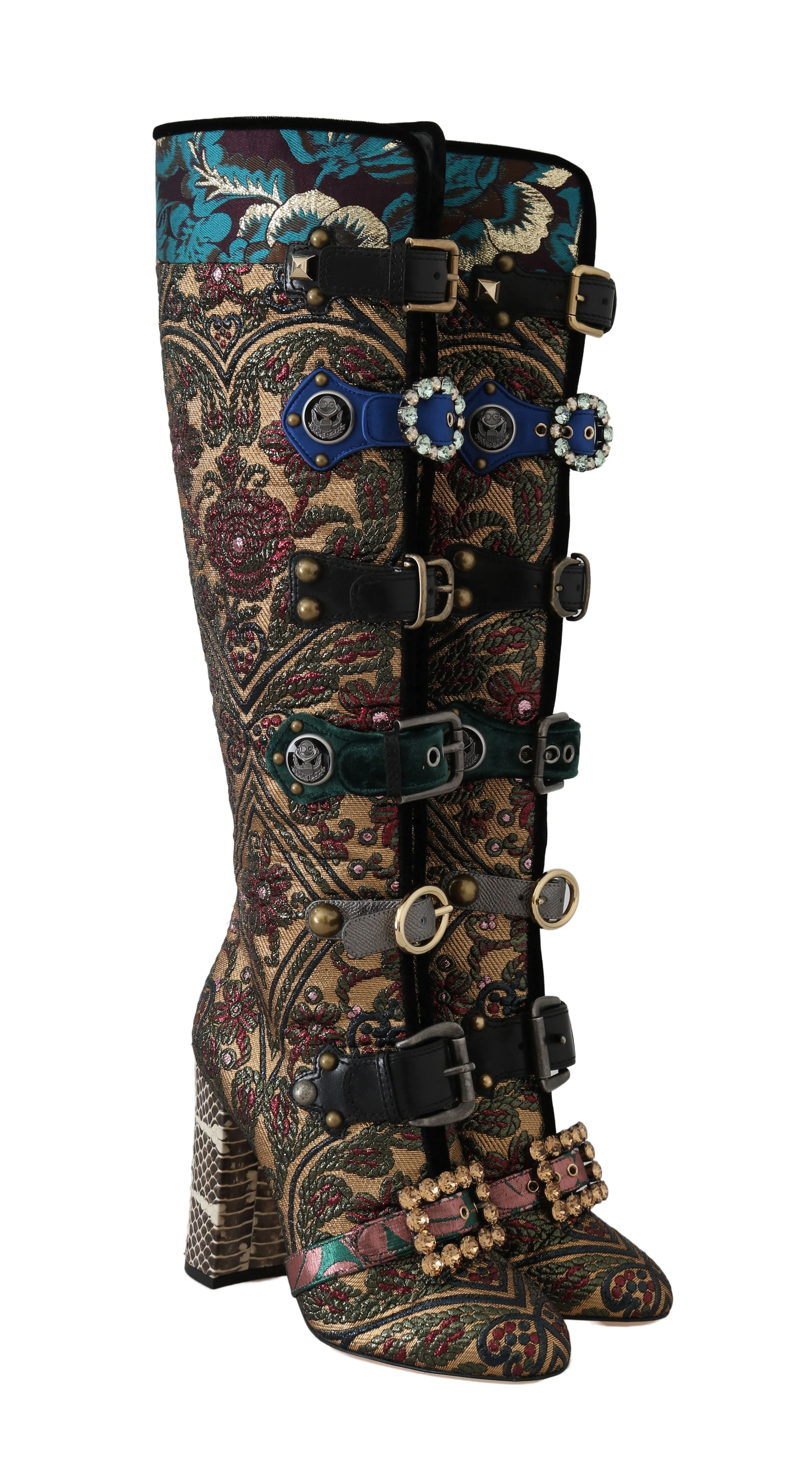 Gold Green Jacquard Crystal Boots