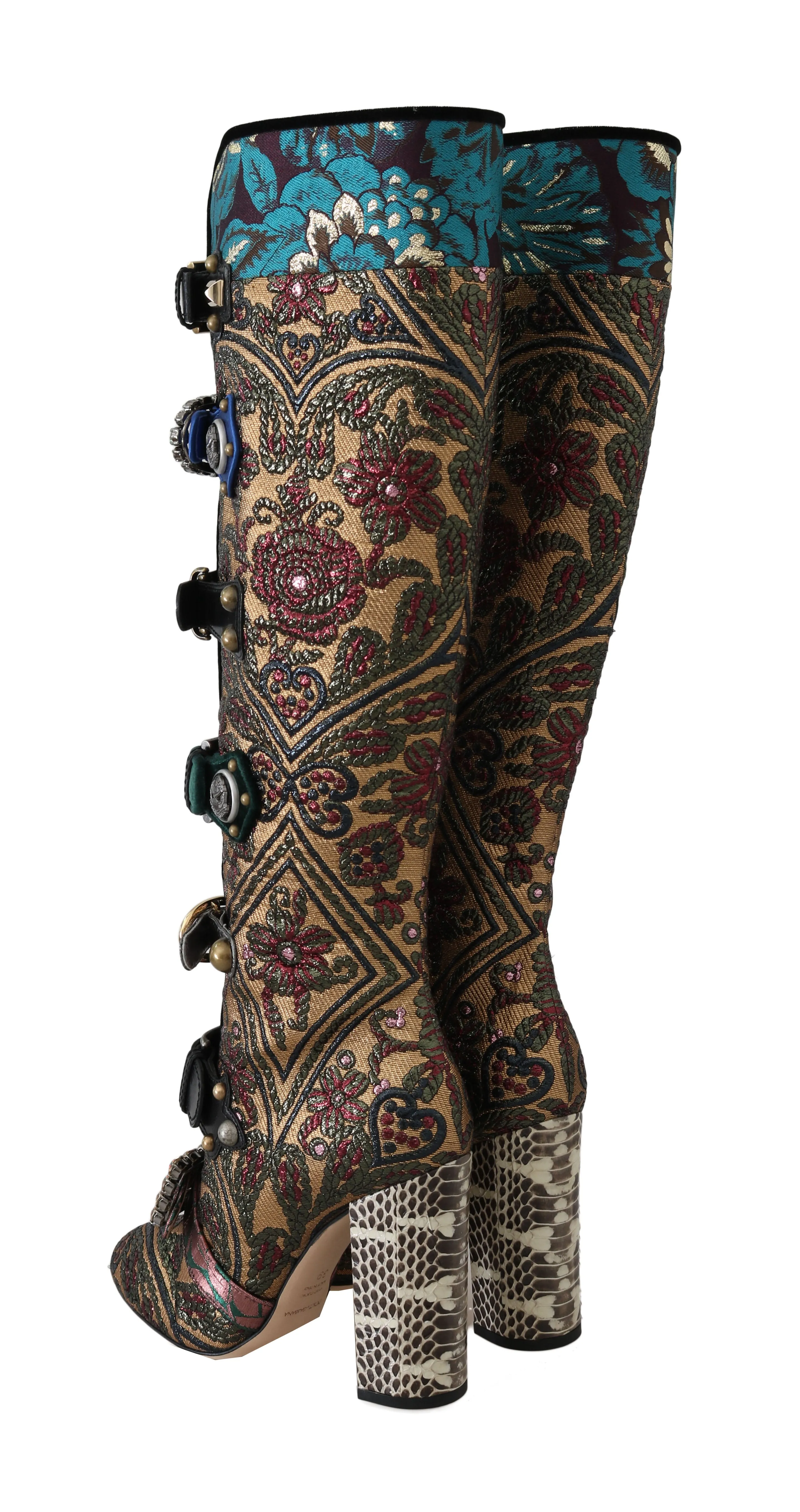 Gold Green Jacquard Crystal Boots