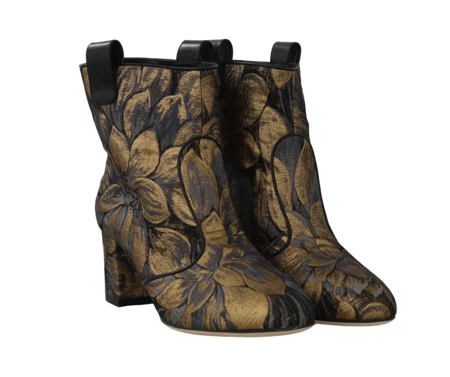 Gold Jacquard Floral Ankle Boots
