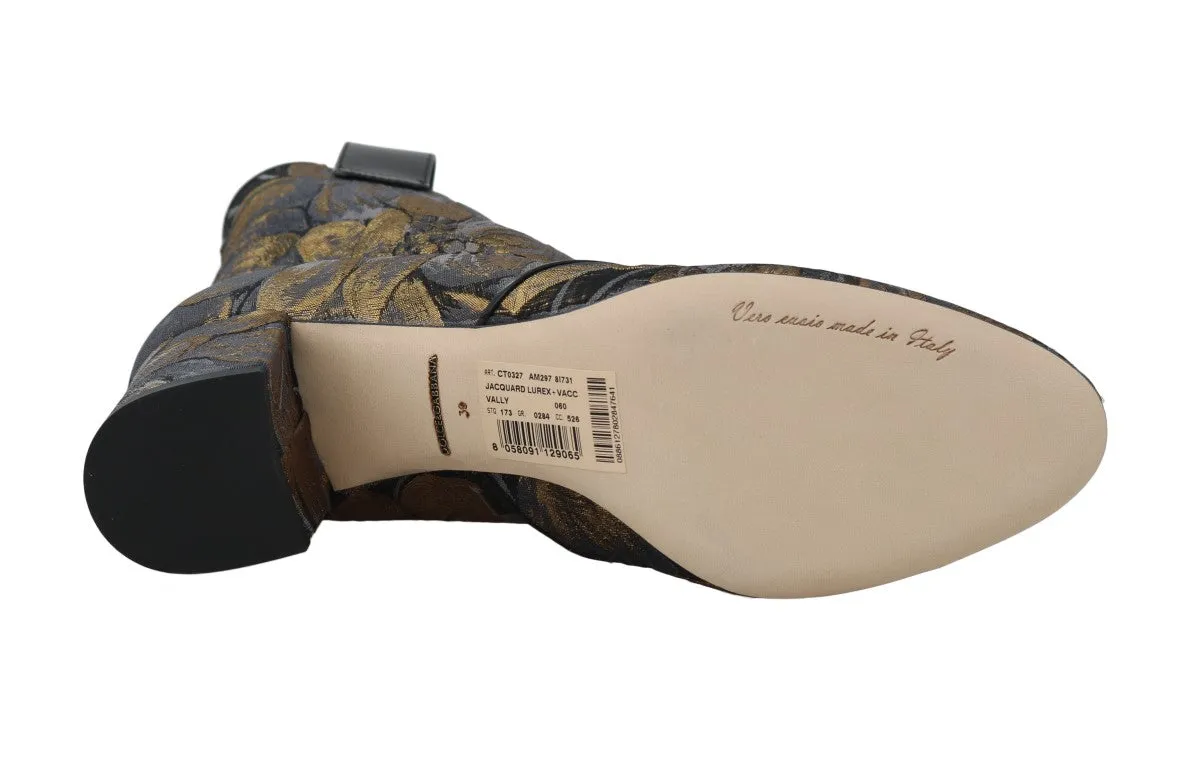 Gold Jacquard Floral Ankle Boots