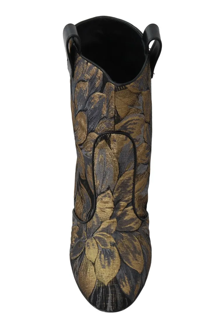 Gold Jacquard Floral Ankle Boots
