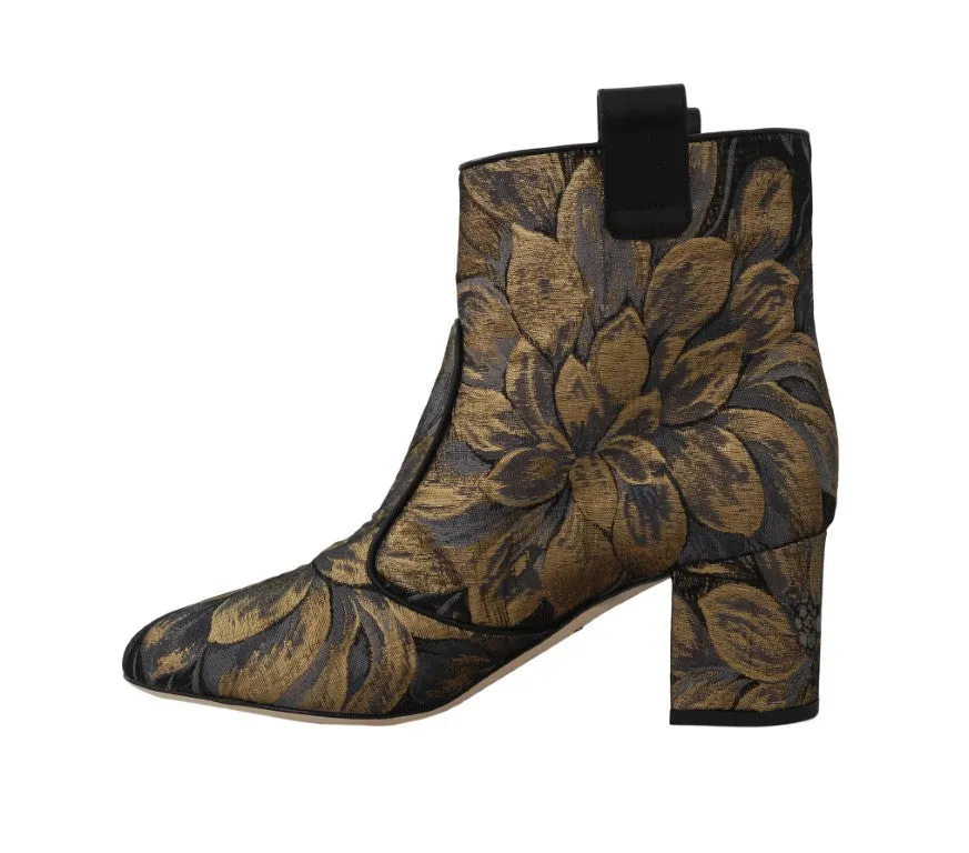 Gold Jacquard Floral Ankle Boots