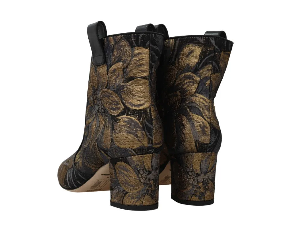 Gold Jacquard Floral Ankle Boots