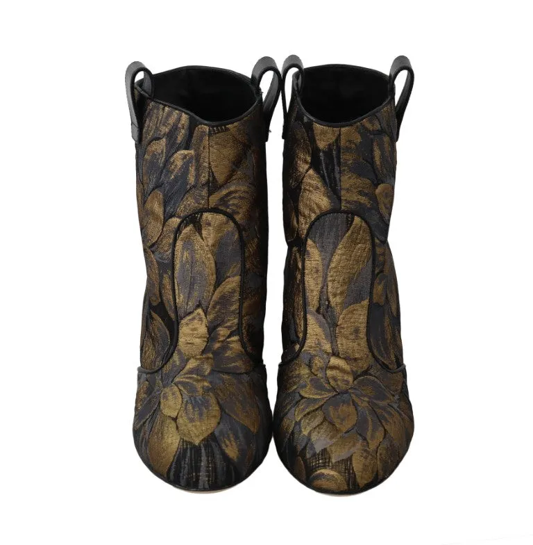 Gold Jacquard Floral Ankle Boots