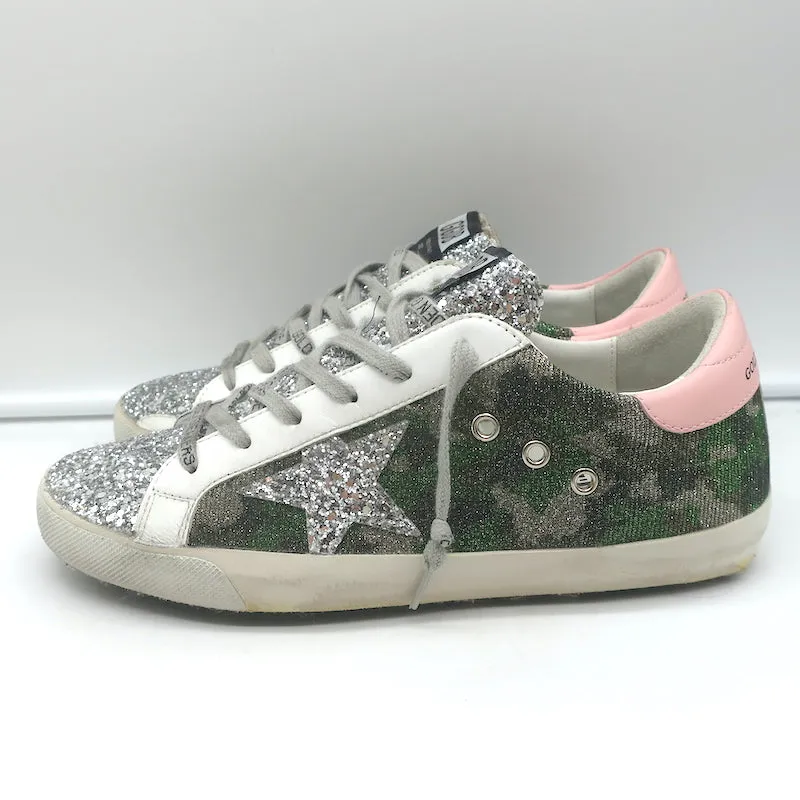 Golden Goose Glitter Camouflage Superstar Sneakers Silver/Green Size 39 NEW