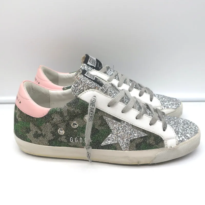 Golden Goose Glitter Camouflage Superstar Sneakers Silver/Green Size 39 NEW