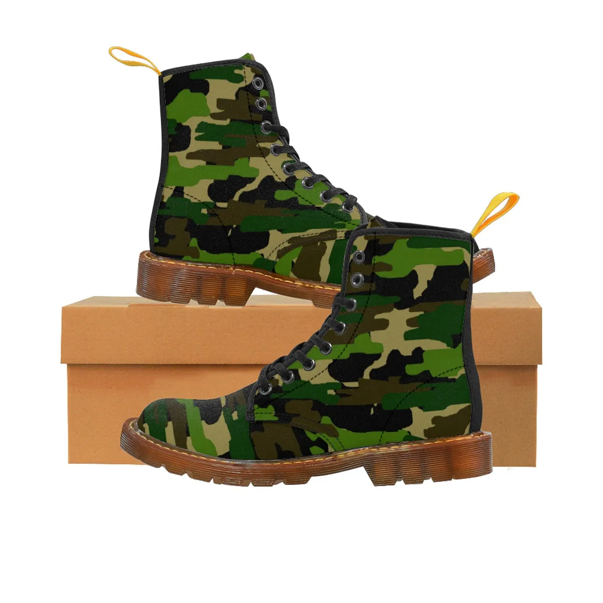 Green Camo Men's Boots, Army Military Camouflage Print Lace-Up Winter Cap Toe Shoes