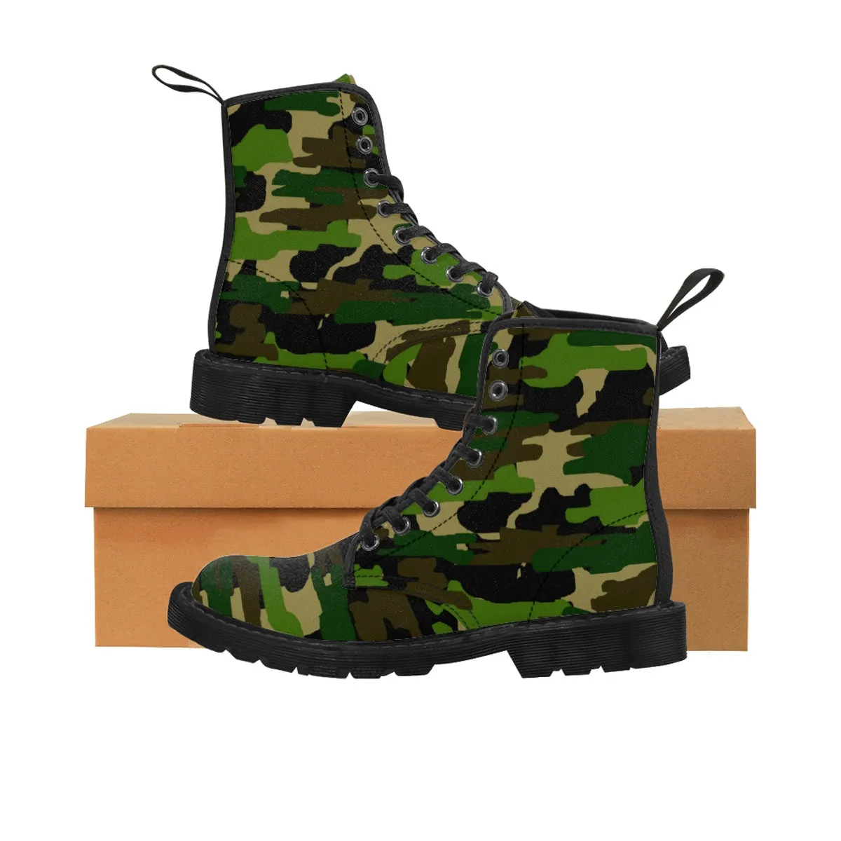 Green Camo Men's Boots, Army Military Camouflage Print Lace-Up Winter Cap Toe Shoes