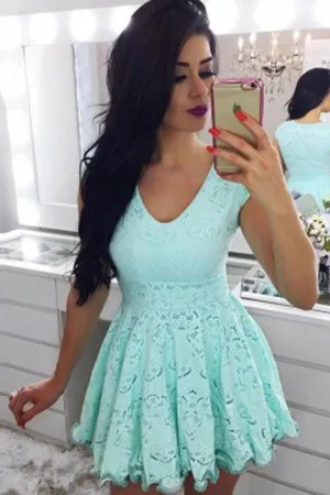Green Cap Sleeve Short Prom Dress, Lace Homecoming Dress, Party Dresses, MH255