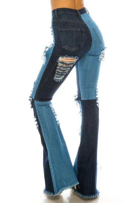 HIGH RISE COLOR BLOCK BOOT CUT JEANS W/ FRONT & BACK PANEL