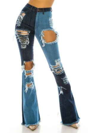 HIGH RISE COLOR BLOCK BOOT CUT JEANS W/ FRONT & BACK PANEL