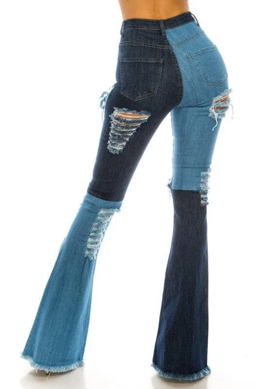 HIGH RISE COLOR BLOCK BOOT CUT JEANS W/ FRONT & BACK PANEL