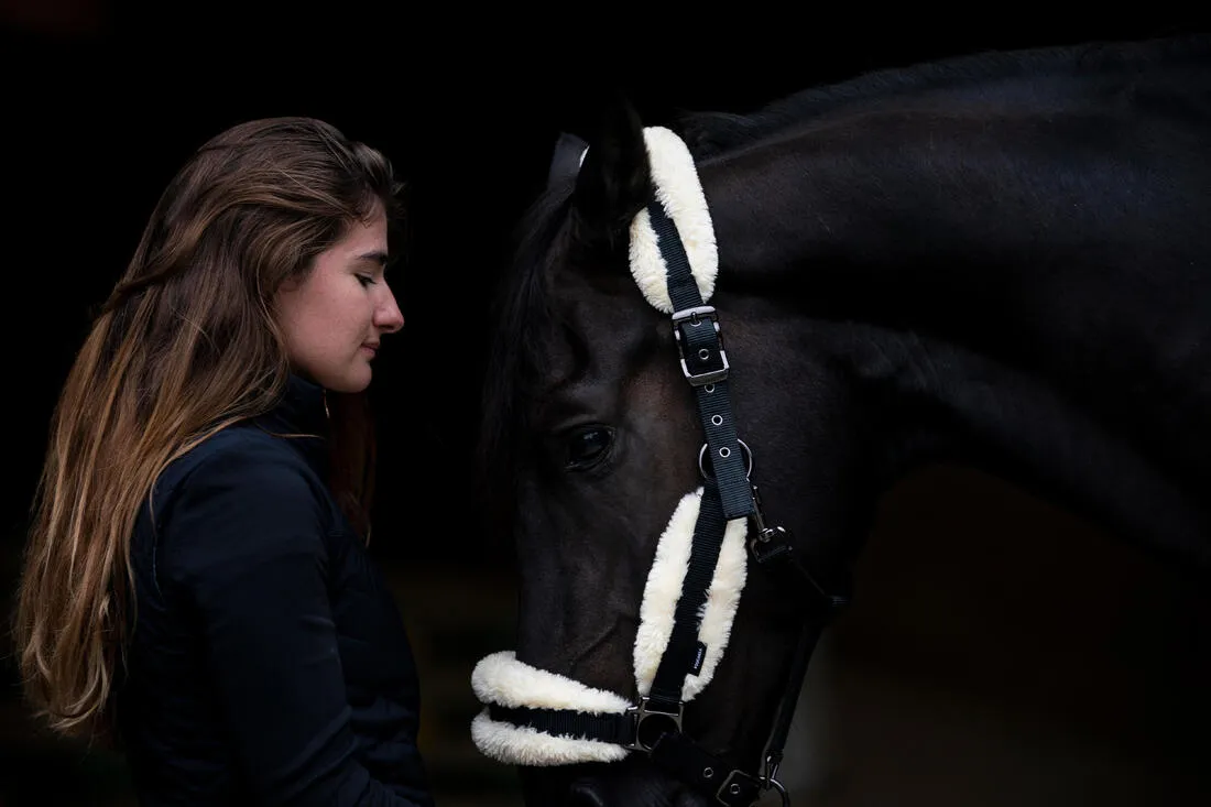 Horse Riding Synthetic Sheepskin Halter for Horse - Black/Beige