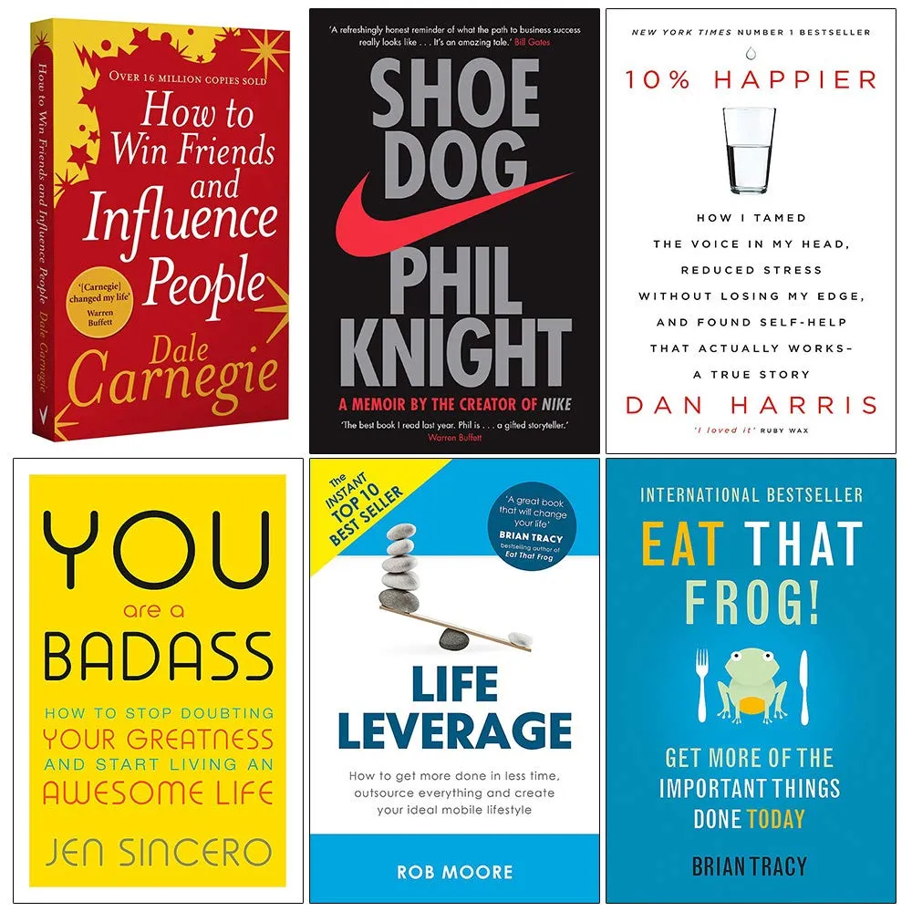 How to Win Friends and Influence People, Shoe Dog, 10% Happier, You Are a Badass, Life Leverage, Eat That Frog 6 Books Collection Set