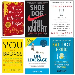 How to Win Friends and Influence People, Shoe Dog, 10% Happier, You Are a Badass, Life Leverage, Eat That Frog 6 Books Collection Set