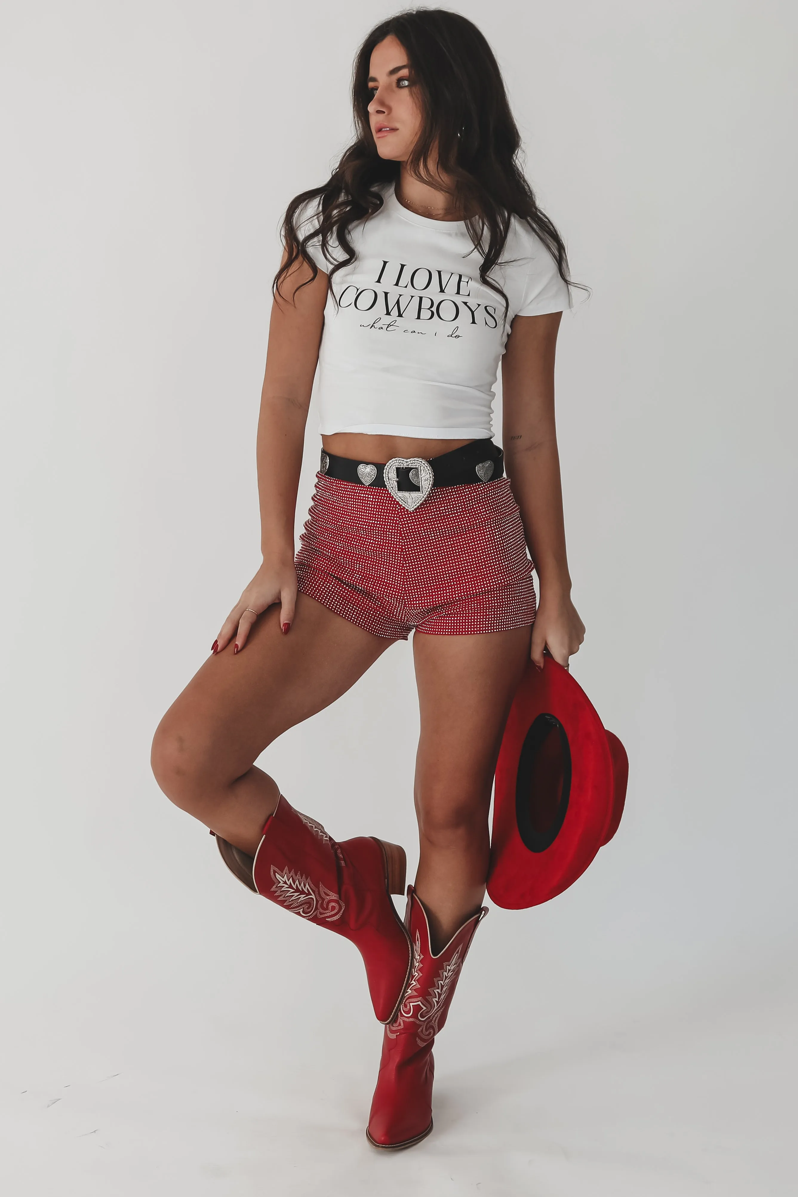 I Love Cowboys Western Graphic Cropped Fitted Tee