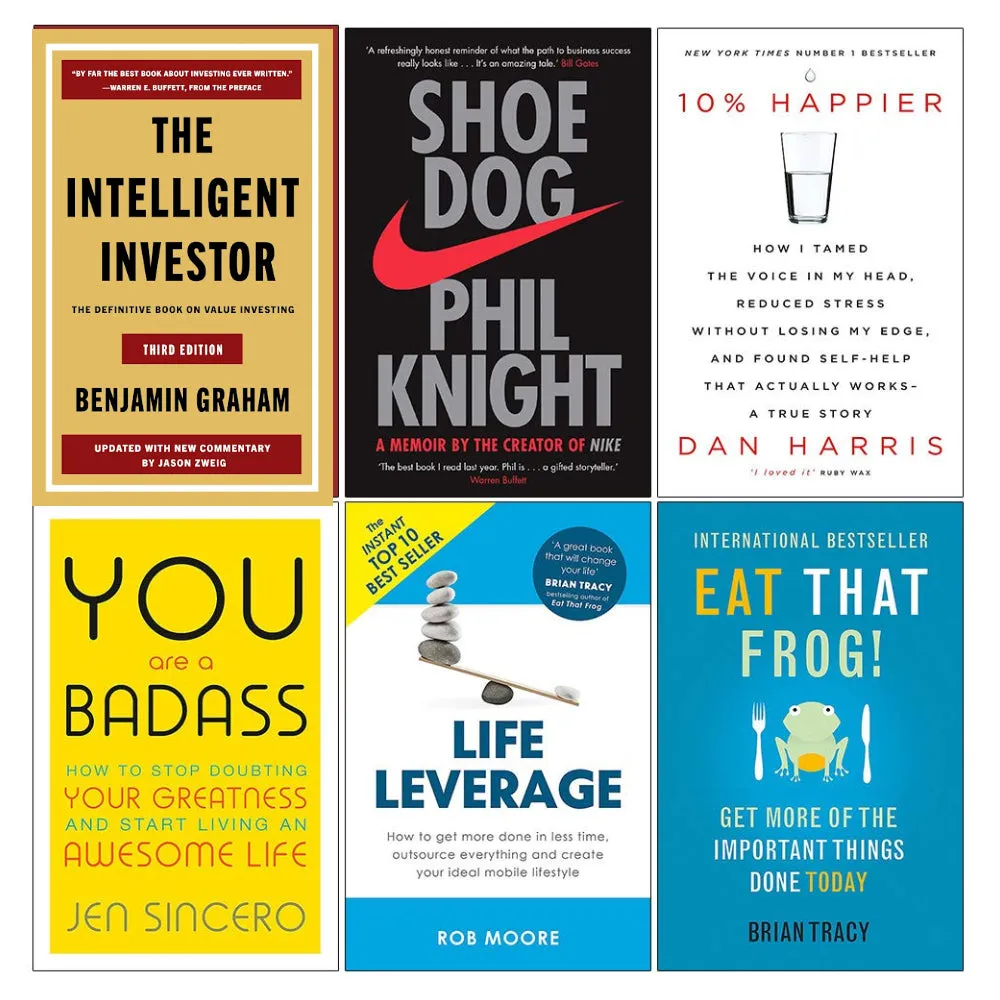 Intelligent Investor, Shoe Dog, 10% Happier, You Are a Badass, Life Leverage, Eat That Frog 6 Books Collection Set