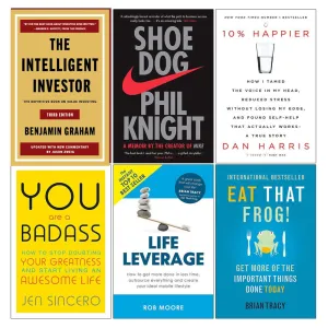 Intelligent Investor, Shoe Dog, 10% Happier, You Are a Badass, Life Leverage, Eat That Frog 6 Books Collection Set