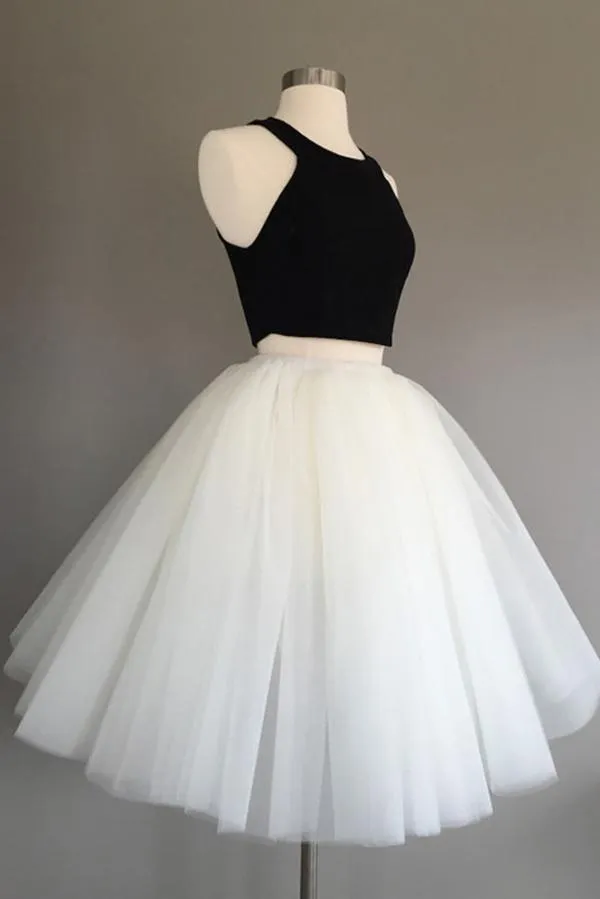 Ivory Two Piece Tulle Halter Knee-Length Sleeveless Short Homecoming Dress, MH234