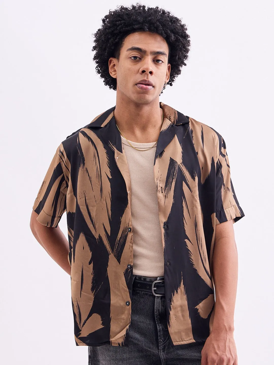 Khaki Abstract Print Resort Shirt