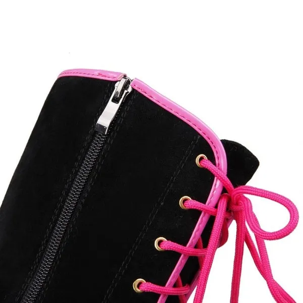 Knee High Boots Winter Warm Shoes Lace-Up High Heels Boots Platform Height Increasing Shoes