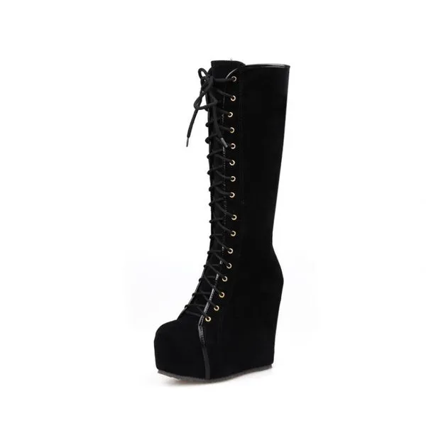 Knee High Boots Winter Warm Shoes Lace-Up High Heels Boots Platform Height Increasing Shoes