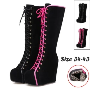 Knee High Boots Winter Warm Shoes Lace-Up High Heels Boots Platform Height Increasing Shoes