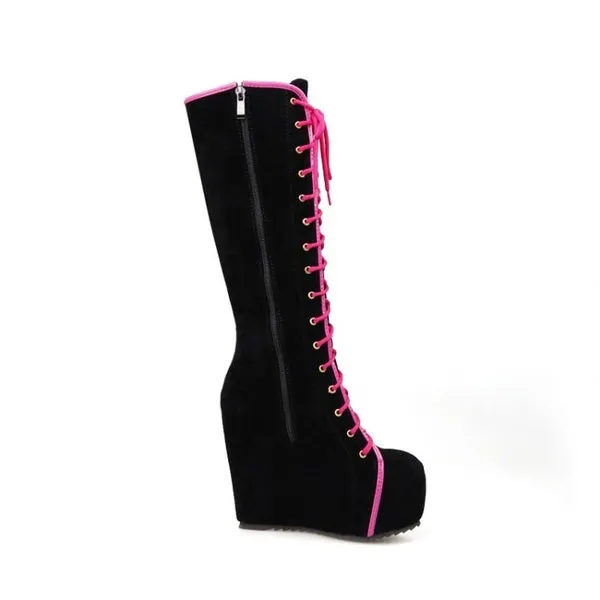 Knee High Boots Winter Warm Shoes Lace-Up High Heels Boots Platform Height Increasing Shoes