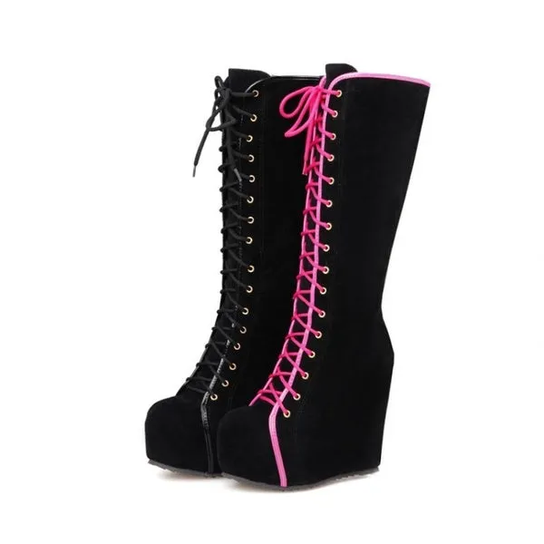 Knee High Boots Winter Warm Shoes Lace-Up High Heels Boots Platform Height Increasing Shoes