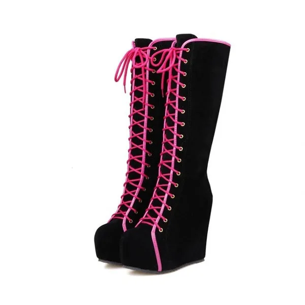 Knee High Boots Winter Warm Shoes Lace-Up High Heels Boots Platform Height Increasing Shoes