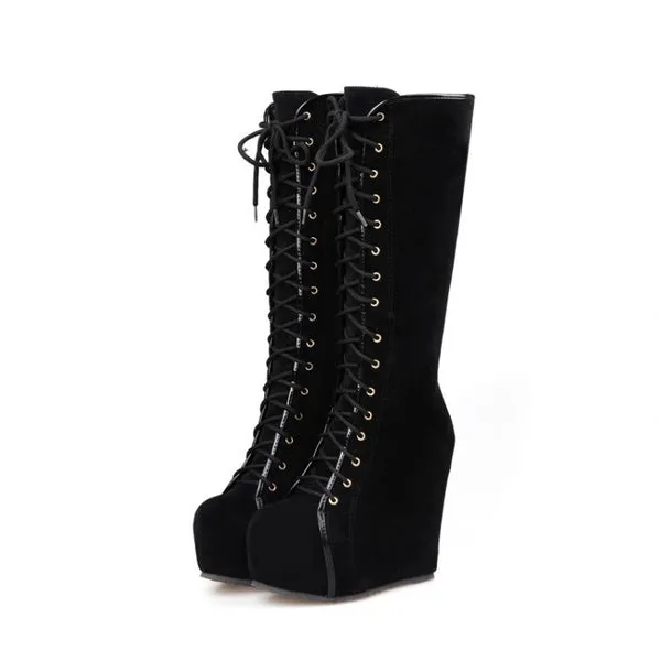 Knee High Boots Winter Warm Shoes Lace-Up High Heels Boots Platform Height Increasing Shoes