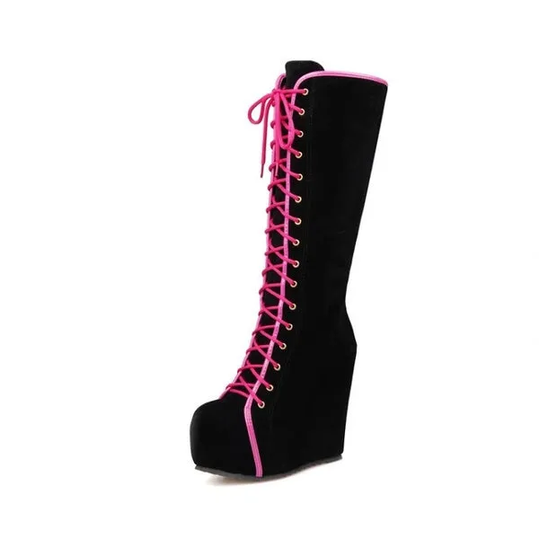 Knee High Boots Winter Warm Shoes Lace-Up High Heels Boots Platform Height Increasing Shoes