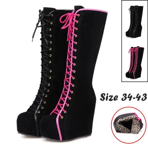 Knee High Boots Winter Warm Shoes Lace-Up High Heels Boots Platform Height Increasing Shoes