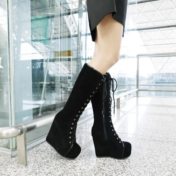 Knee High Boots Winter Warm Shoes Lace-Up High Heels Boots Platform Height Increasing Shoes