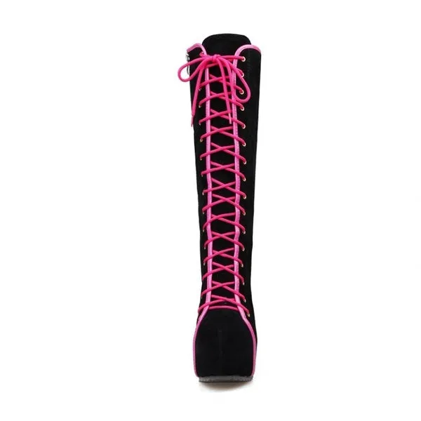 Knee High Boots Winter Warm Shoes Lace-Up High Heels Boots Platform Height Increasing Shoes