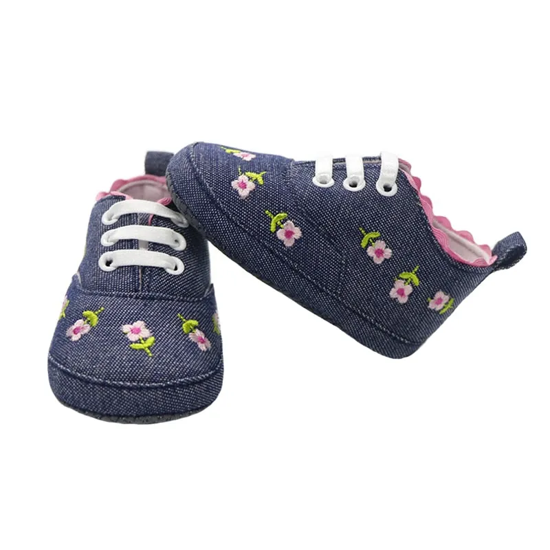 Lace Soft Shoes with Non-Slip Soles and Floral Embroidery for Baby Girls